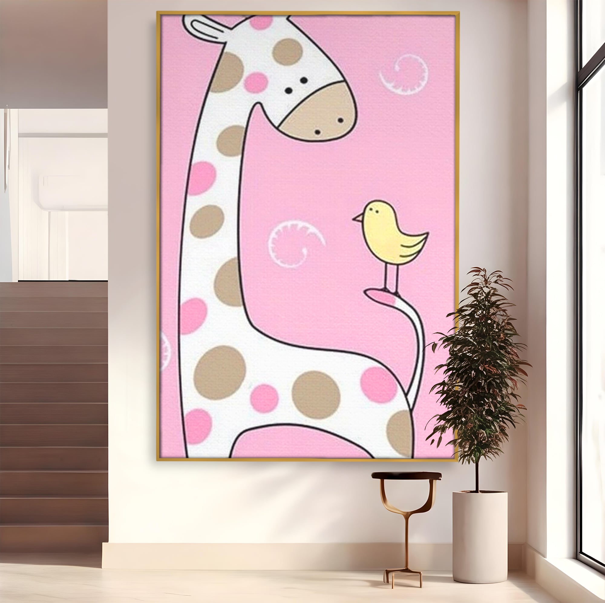 Tablou canvas cu ilustratie cu o girafa si o pasare, in rama de aluminiu auriu